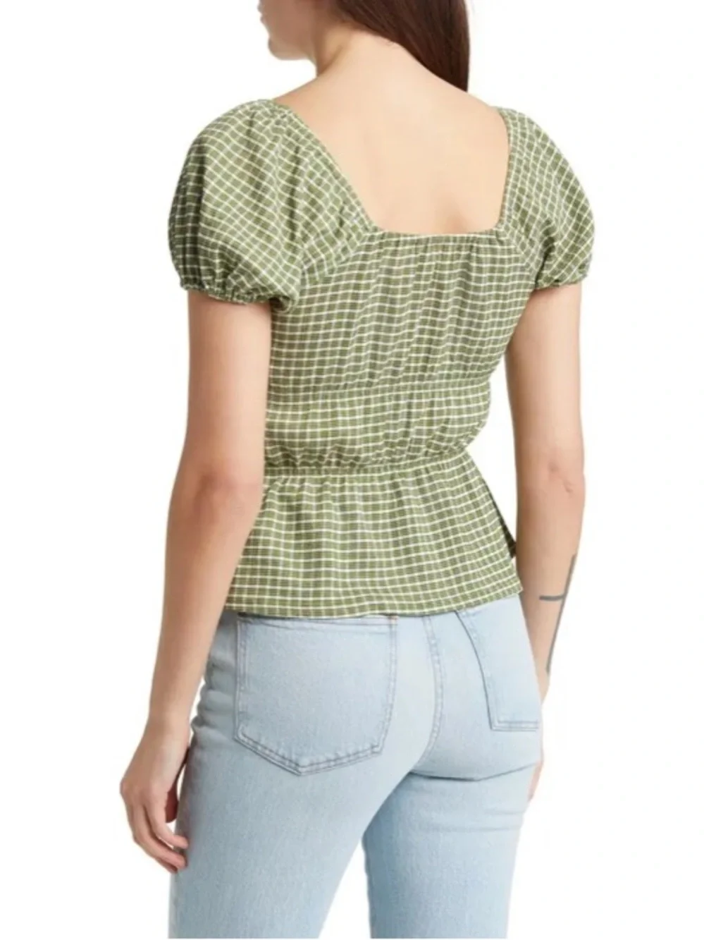 MADEWELL Green Gingham Tiered Peplum Top